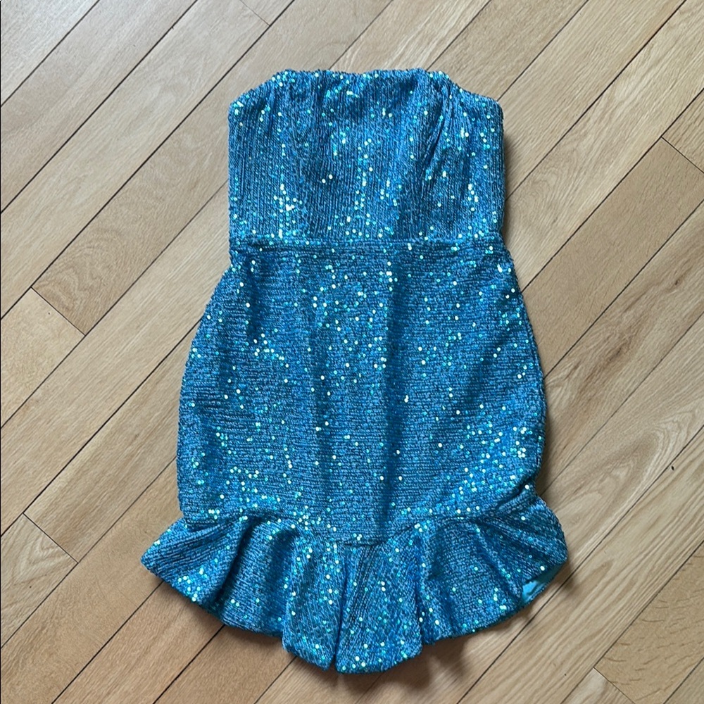 Blue Sequin Strapless Dress